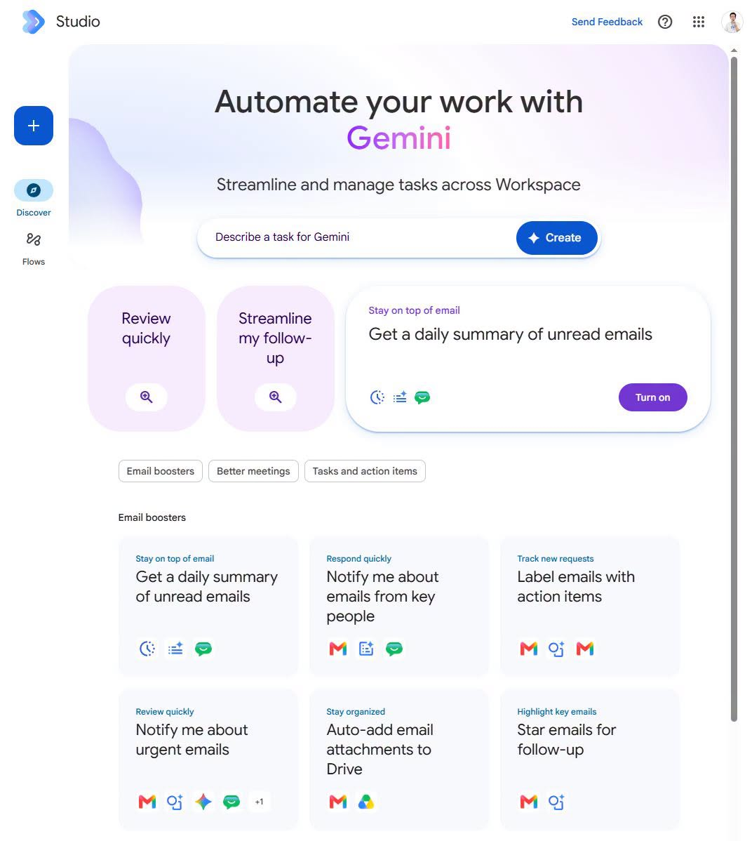 Trang Studio của Google Workspace với dòng chữ Automate your work with Gemini, bên dưới là các gợi ý tự động hoá email như tóm tắt email chưa đọc, báo email khẩn, gắn nhãn việc cần làm