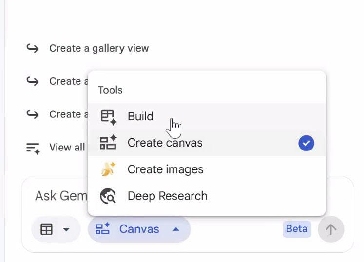 Menu Tools của Gemini trong Google Sheets hiện các lựa chọn Build, Create canvas, Create images, Deep Research, với nút Canvas gắn nhãn Beta