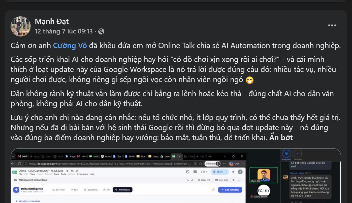 Ảnh chụp Mạnh Đạt chia sẻ sau buổi Zoom nói về Google Workspace AI cho doanh nghiệp thực tế mới đây có gì