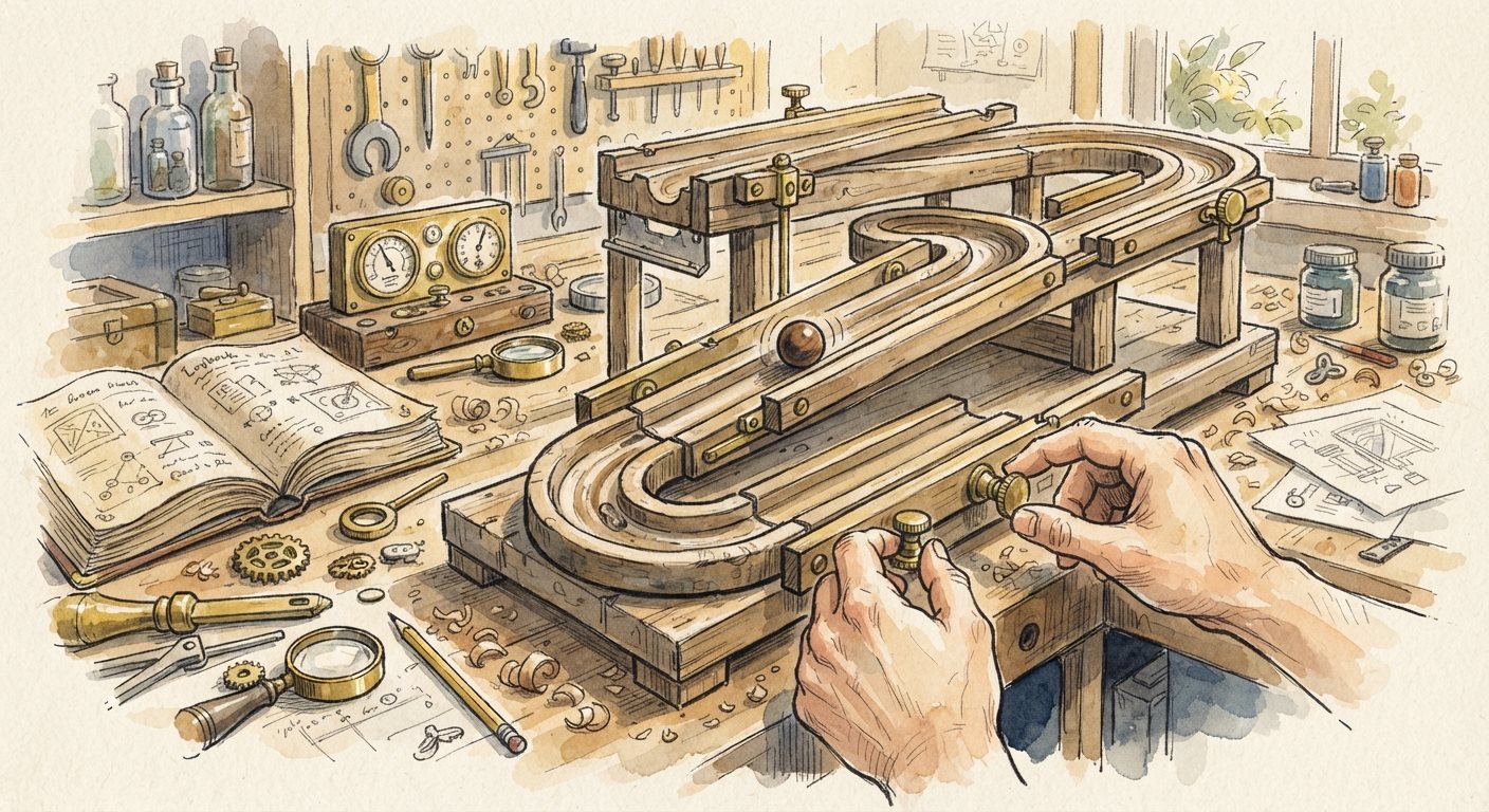 Đôi bàn tay vặn núm đồng để nới rộng hoặc siết hẹp hai thanh ray gỗ trên máng lăn bi, bên cạnh có đồng hồ đo và cuốn sổ ghi chép