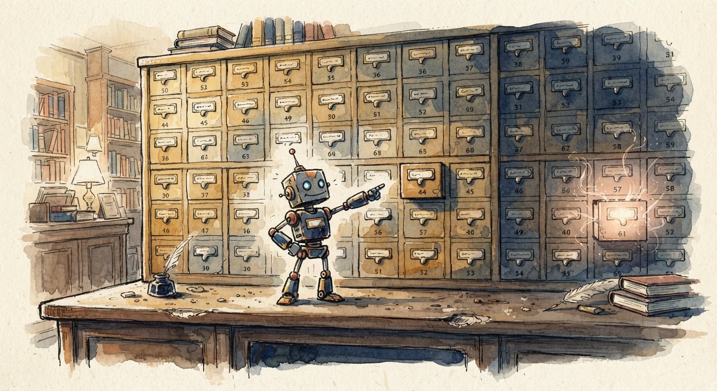 Con robot tí hon đứng trên quầy thư viện, ưỡn ngực chỉ dứt khoát vào một ngăn tủ hồ sơ sai, trong khi ngăn tủ đúng ở xa vẫn đóng im