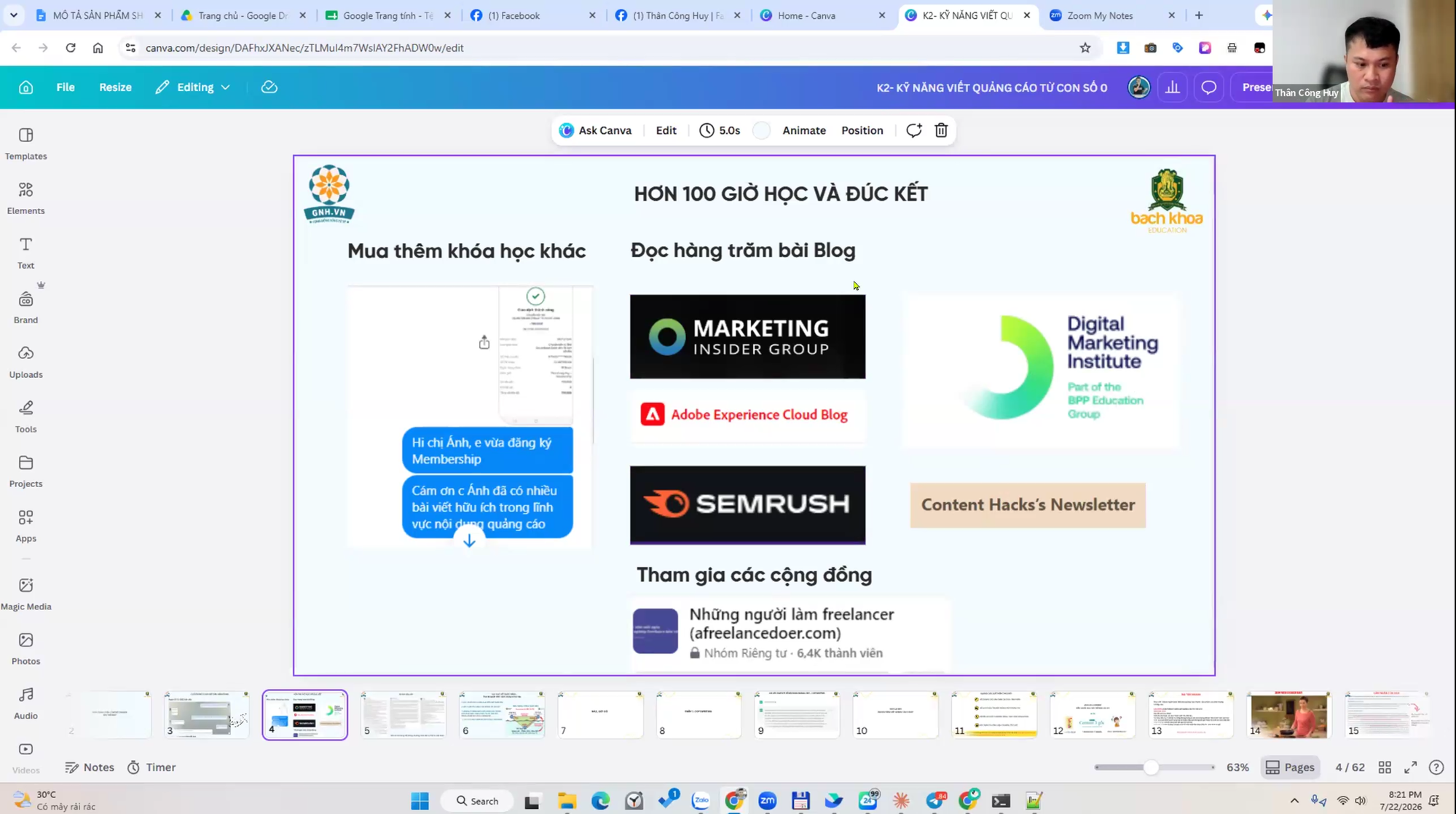 Ảnh chụp buổi Zoom, trên màn hình là slide tổng kết hơn 100 giờ học và đúc kết từ việc đọc hàng trăm bài blog và tham gia các cộng đồng viết