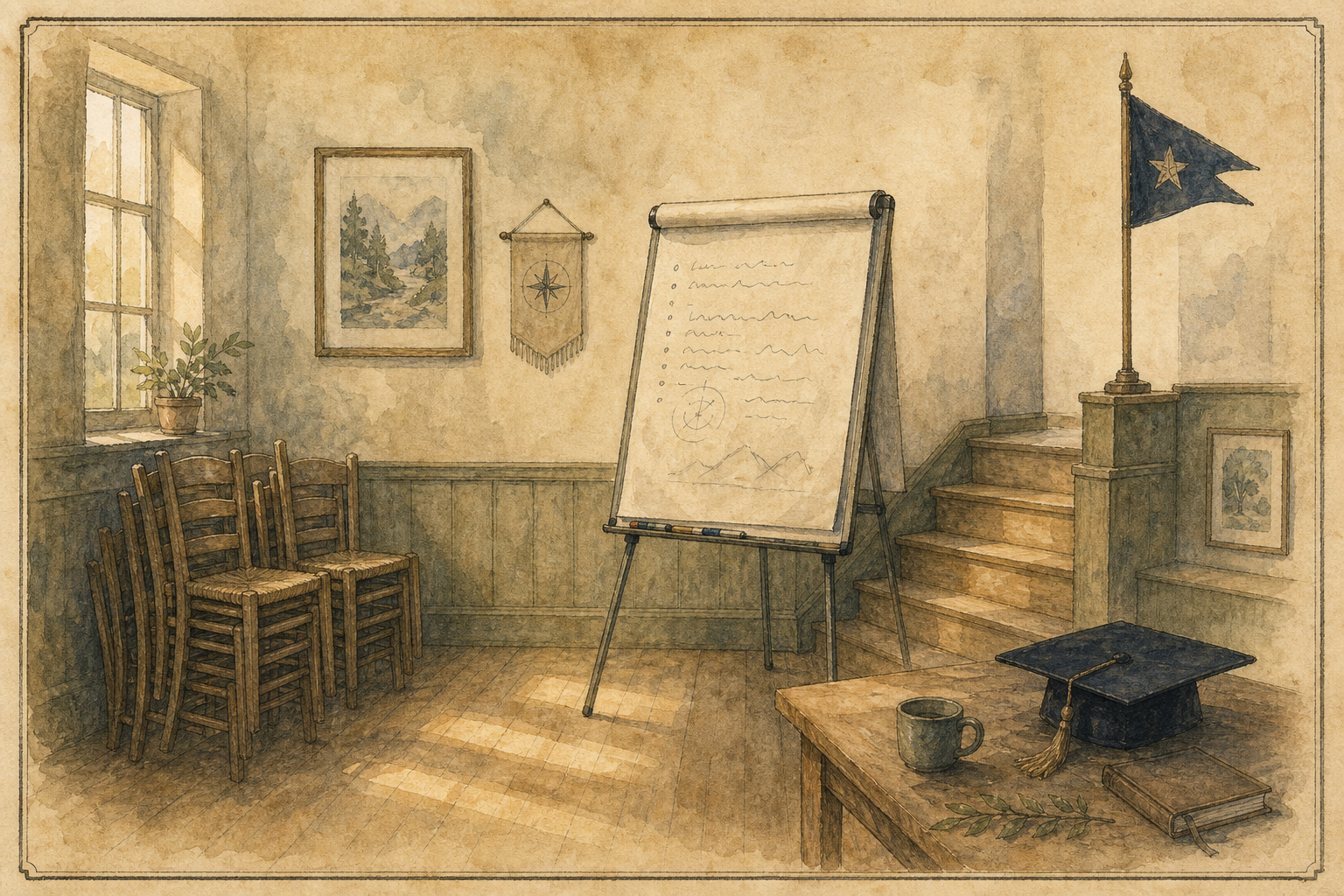 Minh hoạ màu nước trầm ấm: một phòng workshop cuối khoá đã dọn gọn, ghế xếp lại, bảng lật còn ghi chú mờ, lá cờ cắm trên bậc thang đã hoàn thành và chiếc mũ tốt nghiệp trên bàn dưới ánh chiều ấm