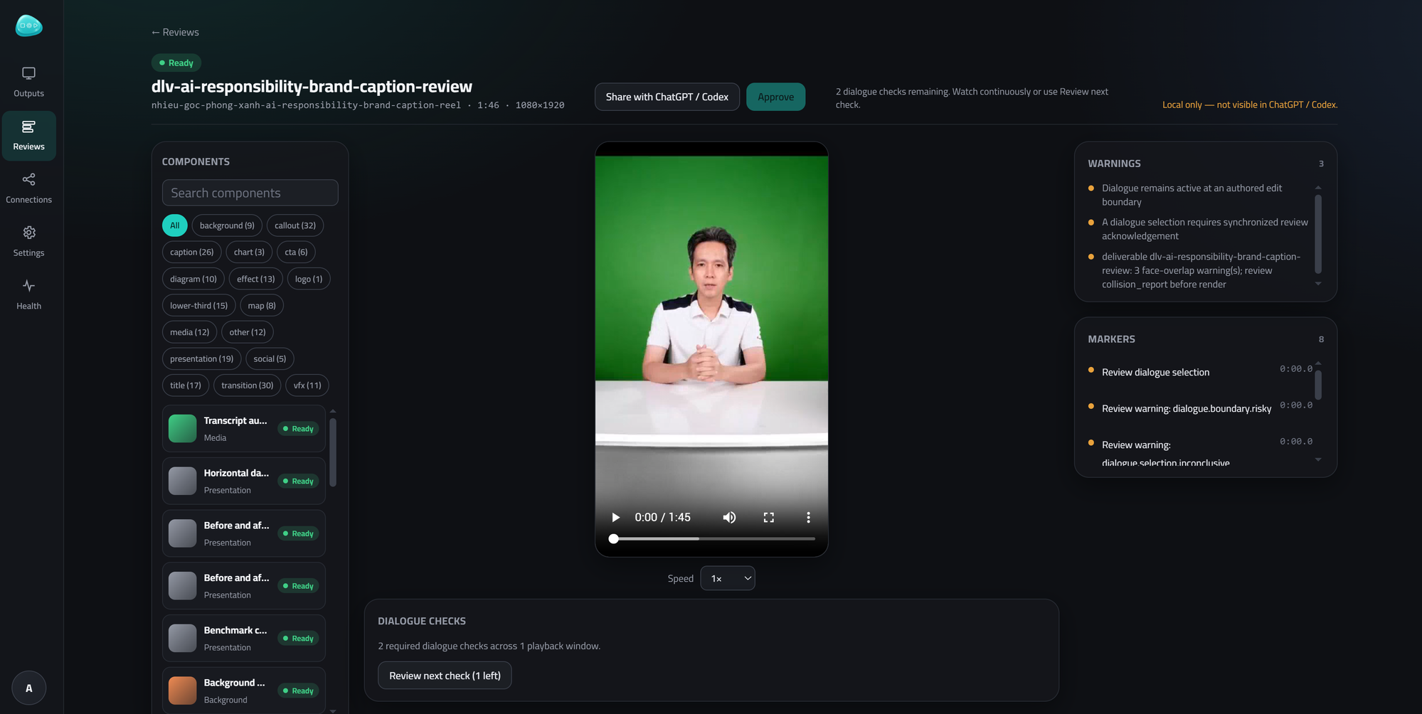Ảnh chụp giao diện AgentVid đang review một video dựng tự động, bên cạnh là danh sách component và mấy cảnh báo cần duyệt trước khi render