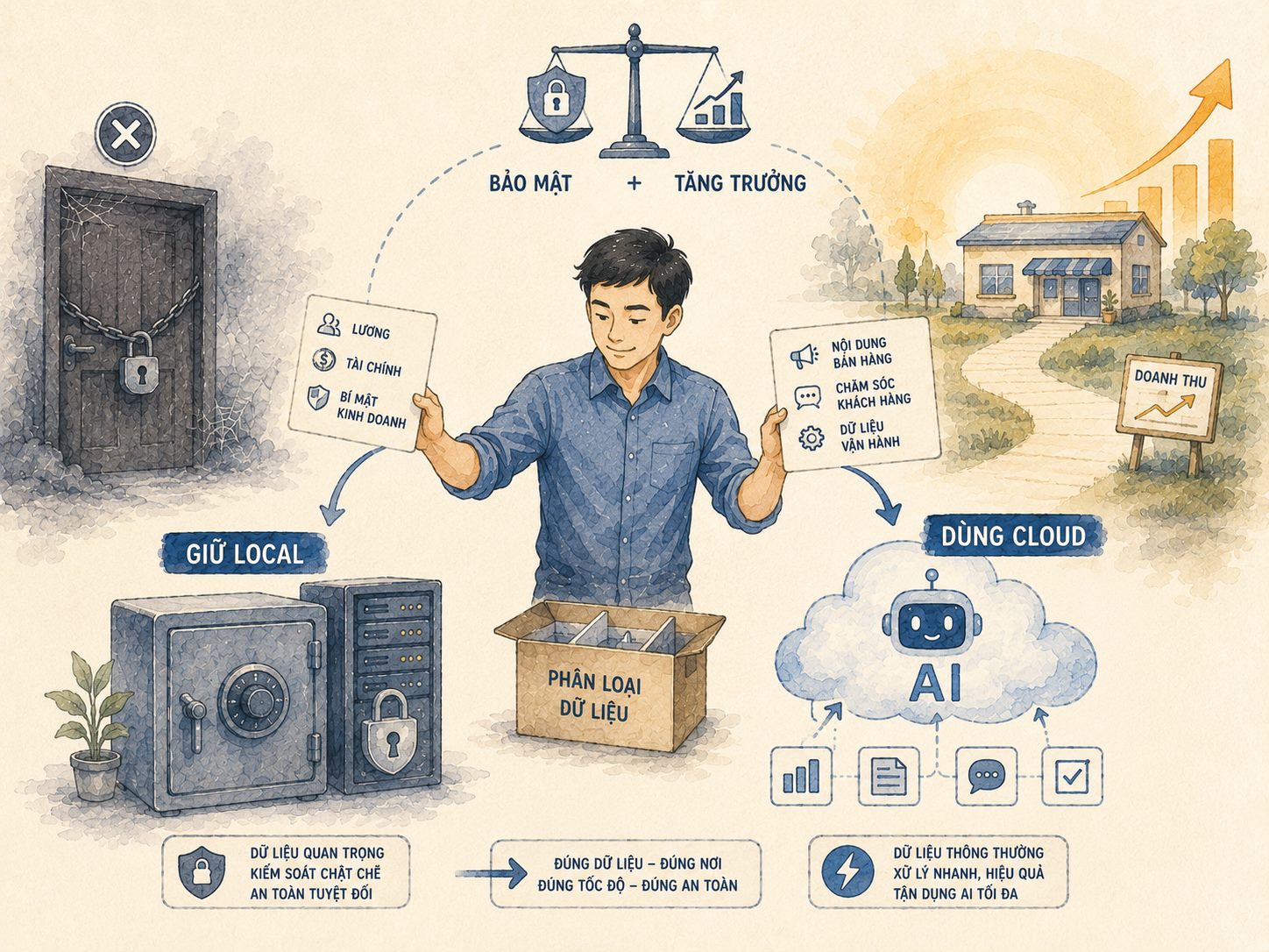 Minh hoạ màu nước: một người phân loại dữ liệu thành hai nhóm, nhóm lương và tài chính giữ trong két sắt local, nhóm nội dung bán hàng và chăm sóc khách đưa lên cloud