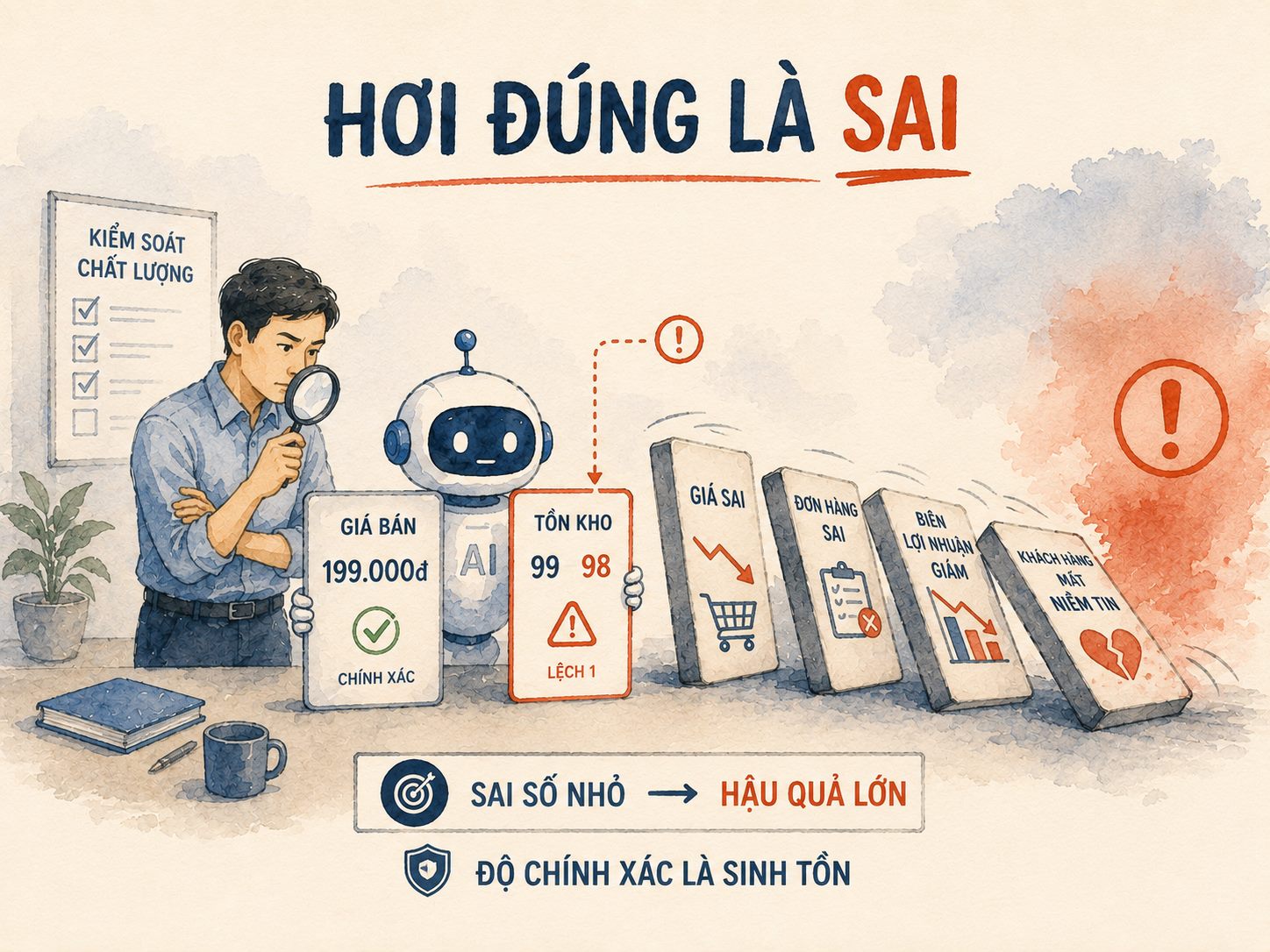 Minh hoạ màu nước: người soi kính lúp vào hai tấm bảng, một tấm giá bán chính xác, một tấm tồn kho lệch 1, phía sau là hàng domino sắp đổ